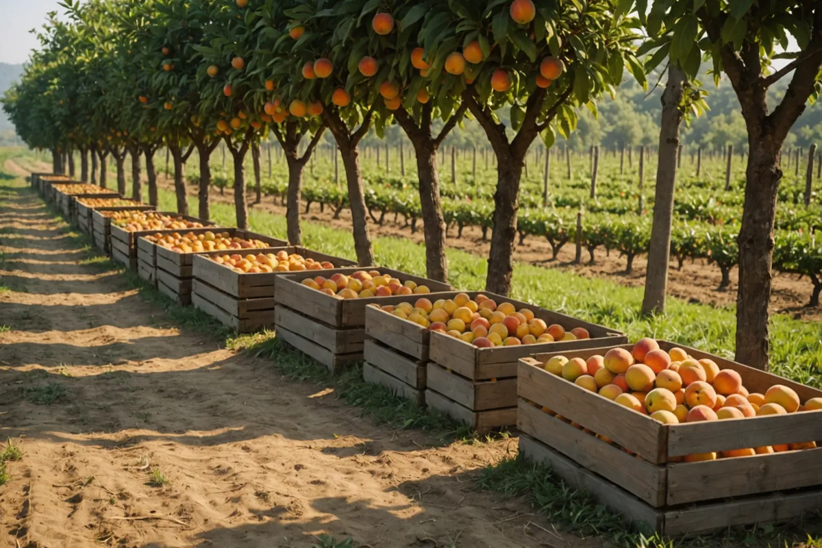 Orchard rows with fruit ready for harvest